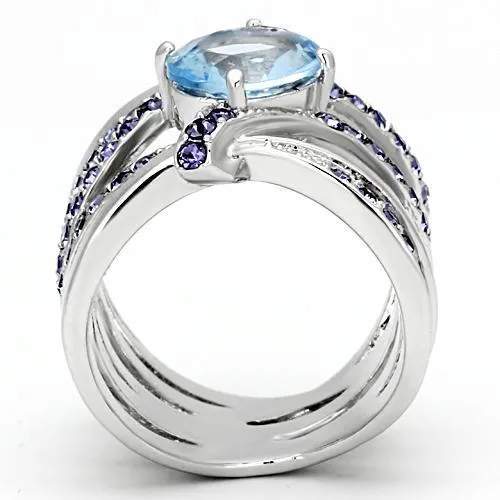 High polished (no plating) Stainless Steel Ring with Synthetic Synthetic Glass in Light Sapphire for Women Style TK865