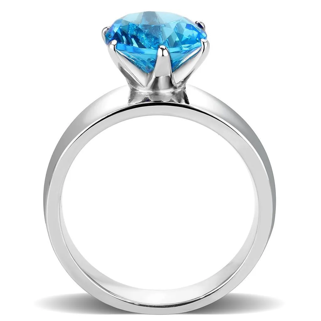 High polished (no plating) Stainless Steel Ring with Synthetic Synthetic Glass in Sea Blue for Women Style TK52003