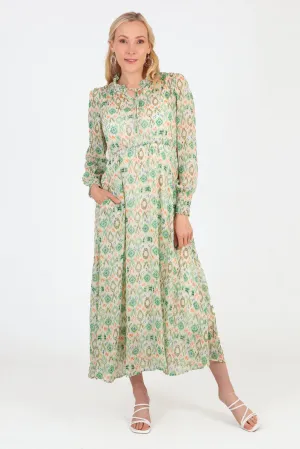 Ikat Print Shirred Shoulder Midi Dress in Green