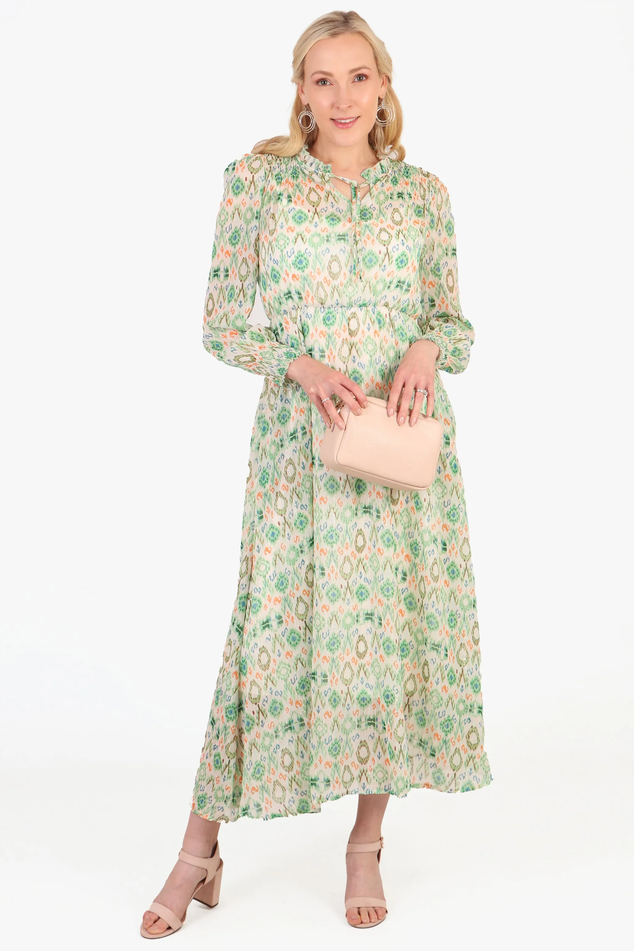 Ikat Print Shirred Shoulder Midi Dress in Green