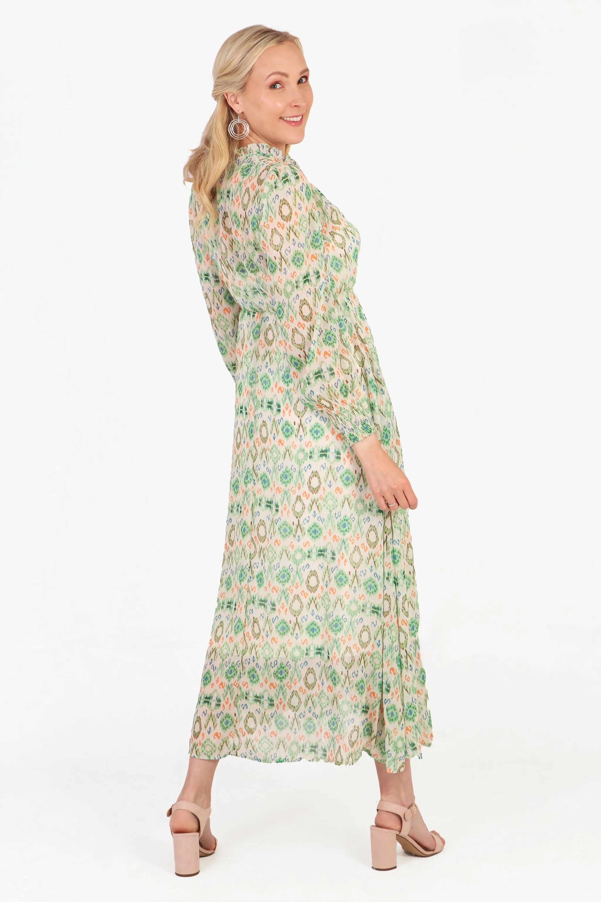 Ikat Print Shirred Shoulder Midi Dress in Green