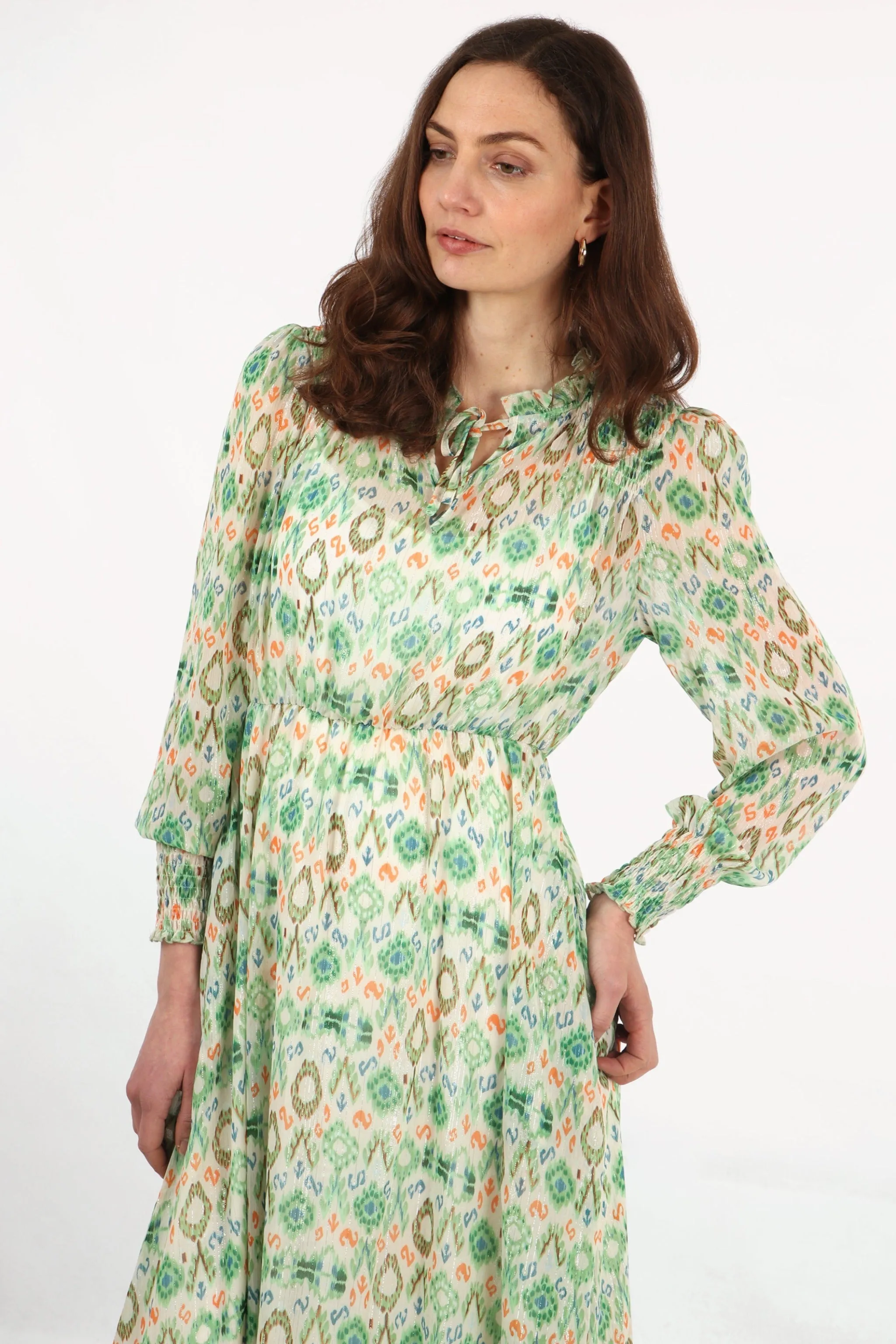 Ikat Print Shirred Shoulder Midi Dress in Green