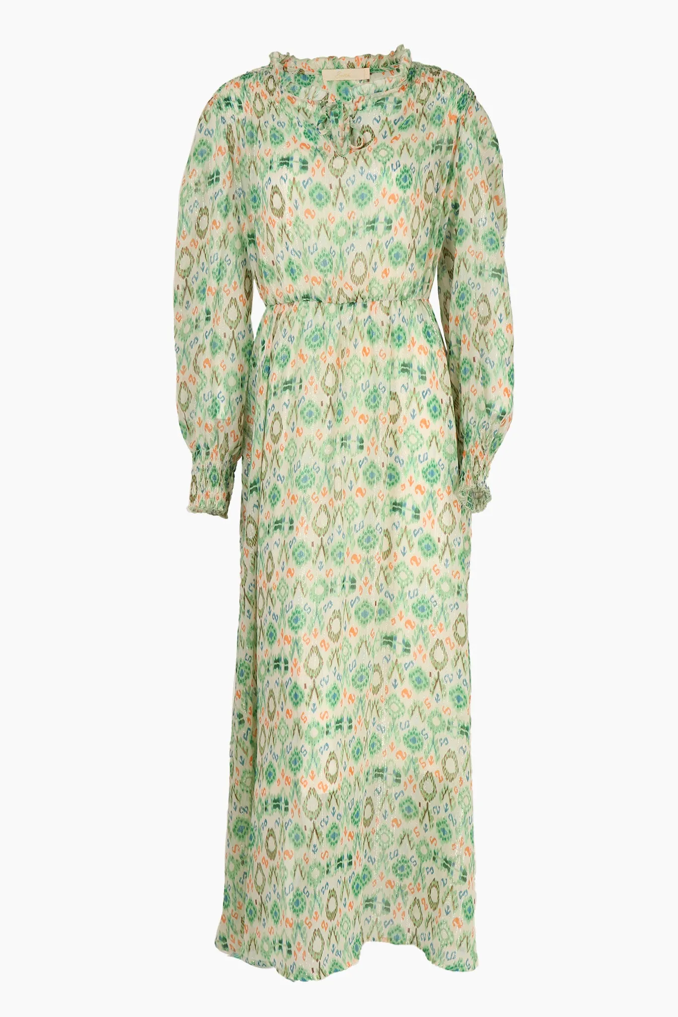 Ikat Print Shirred Shoulder Midi Dress in Green