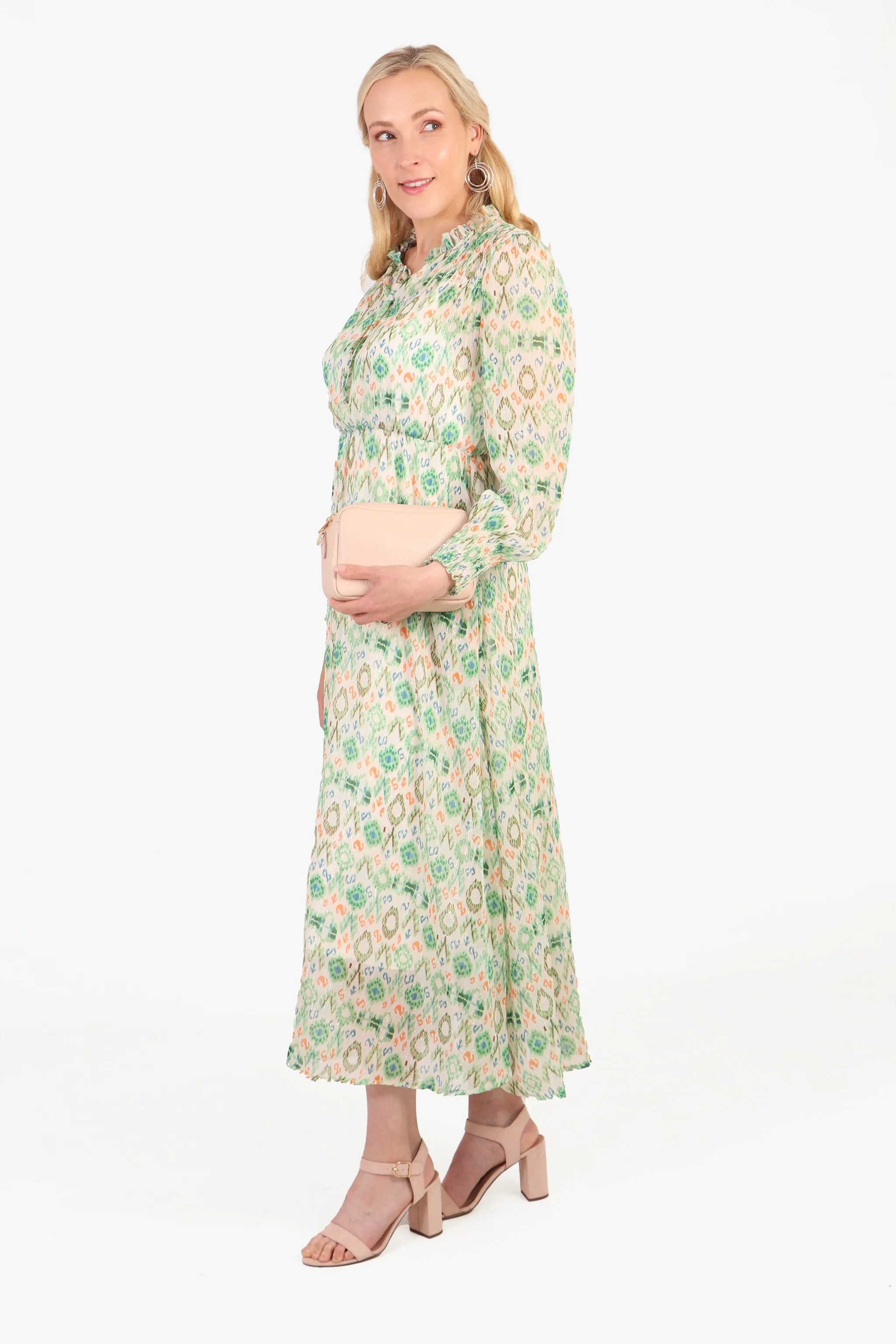 Ikat Print Shirred Shoulder Midi Dress in Green