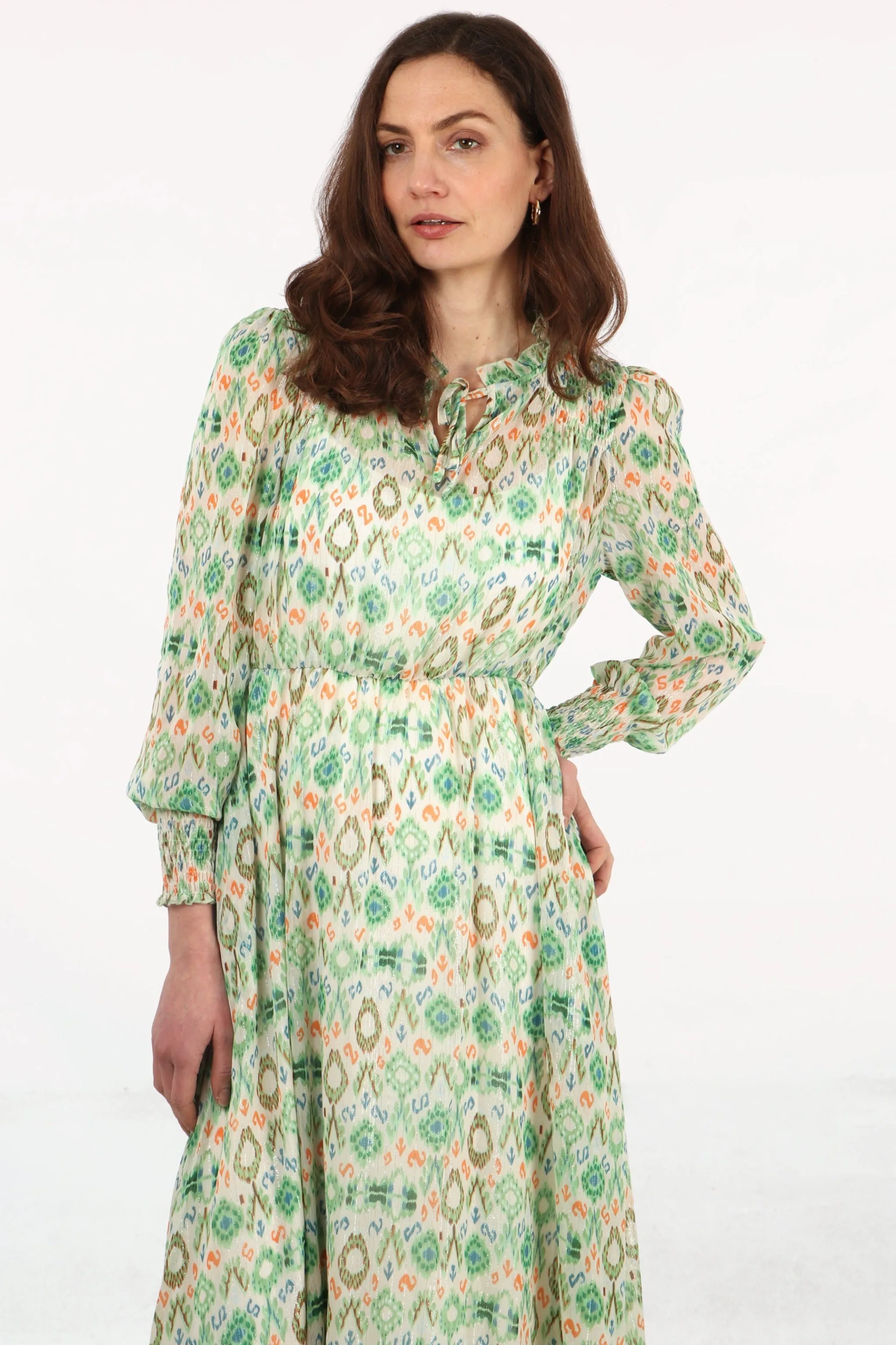 Ikat Print Shirred Shoulder Midi Dress in Green