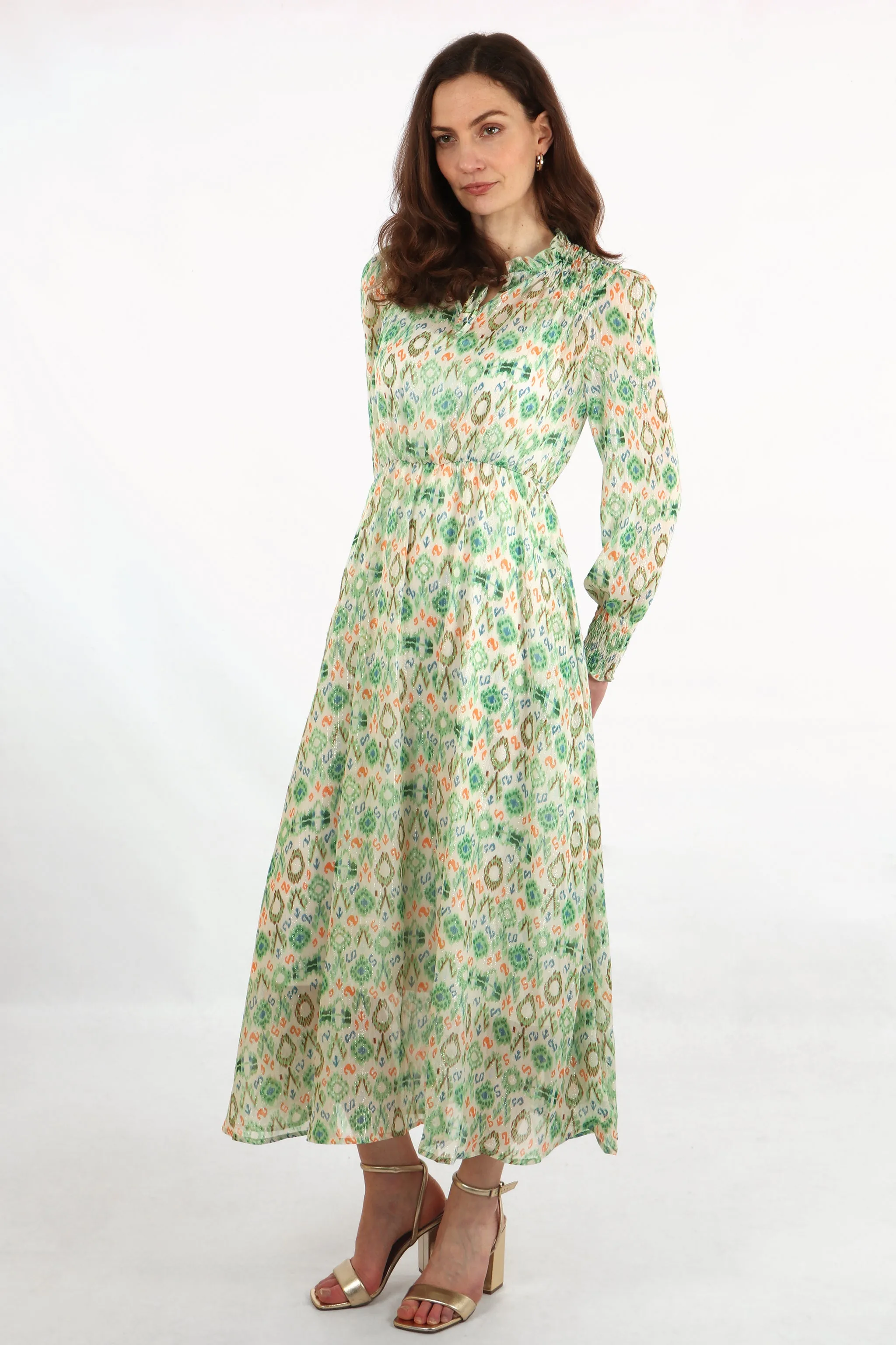 Ikat Print Shirred Shoulder Midi Dress in Green