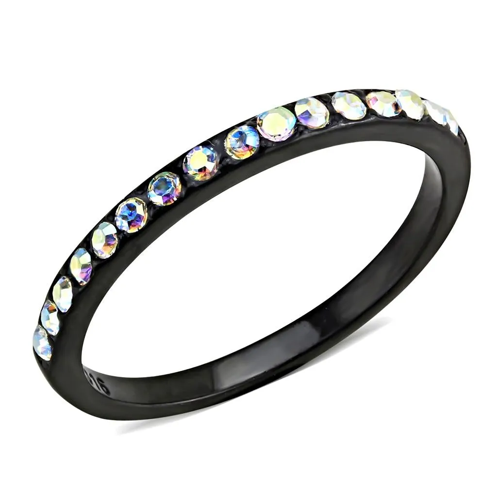 IP Black(Ion Plating) Stainless Steel Ring with Top Grade Crystal in Aurora Borealis (Rainbow Effect) for Women Style TK3556
