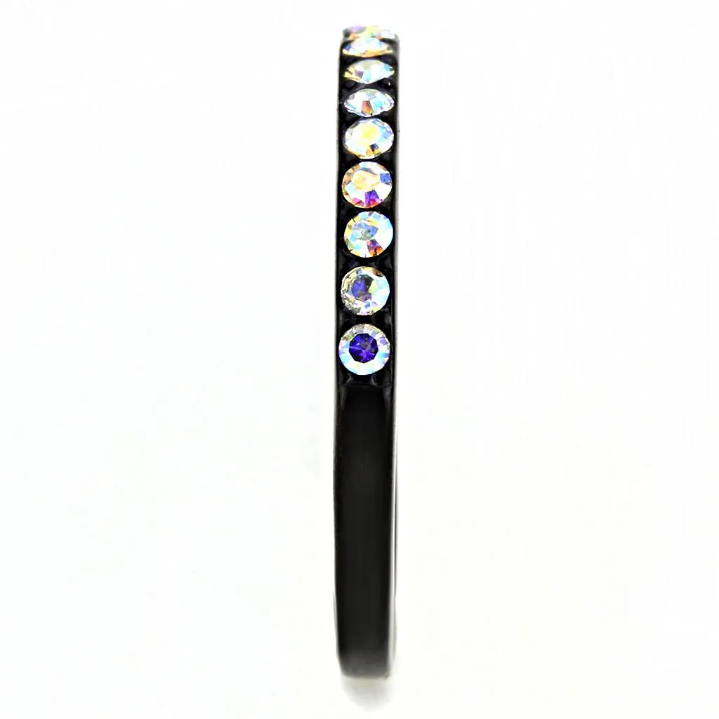IP Black(Ion Plating) Stainless Steel Ring with Top Grade Crystal in Aurora Borealis (Rainbow Effect) for Women Style TK3556