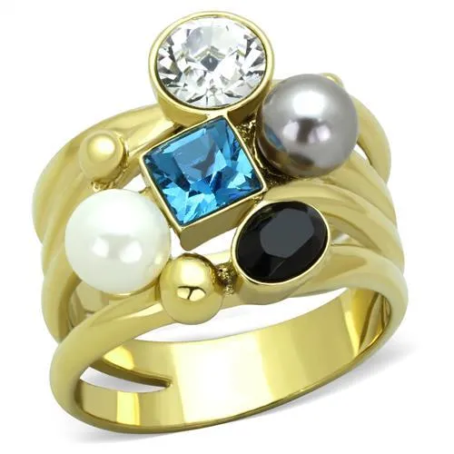 IP Gold(Ion Plating) Stainless Steel Ring with Synthetic Pearl in Multi Color for Women Style TK1440