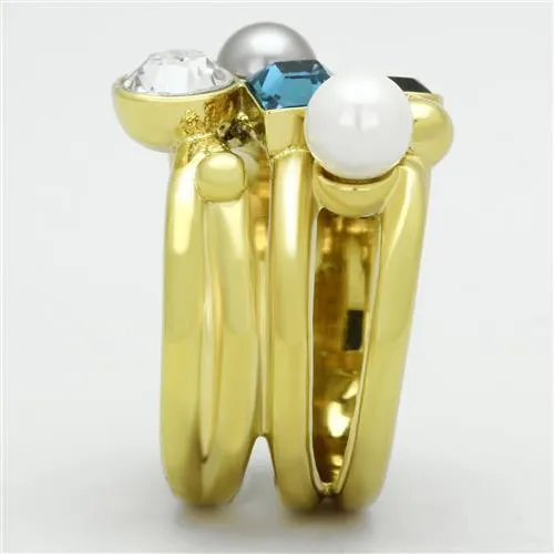 IP Gold(Ion Plating) Stainless Steel Ring with Synthetic Pearl in Multi Color for Women Style TK1440
