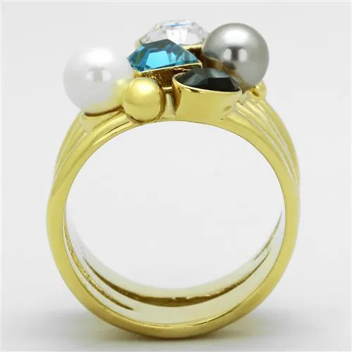 IP Gold(Ion Plating) Stainless Steel Ring with Synthetic Pearl in Multi Color for Women Style TK1440