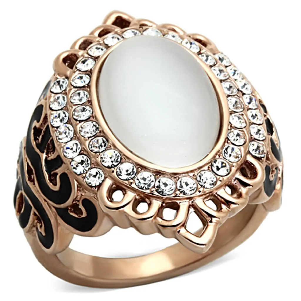 IP Rose Gold(Ion Plating) Stainless Steel Ring with Synthetic Cat Eye in White for Women Style TK1286