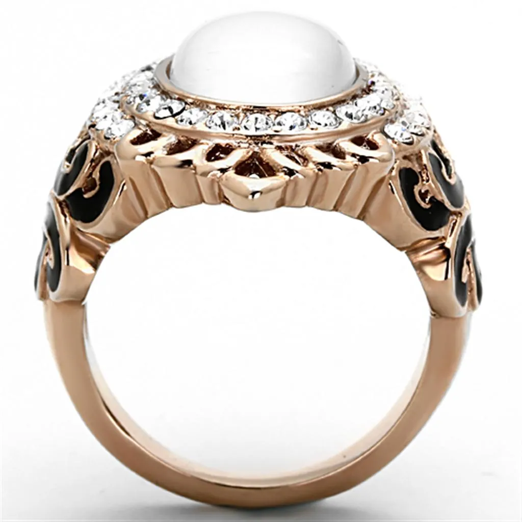 IP Rose Gold(Ion Plating) Stainless Steel Ring with Synthetic Cat Eye in White for Women Style TK1286