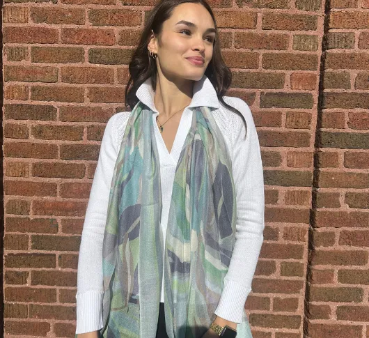 Kinross Cashmere - Palm Print Scarf in Surf
