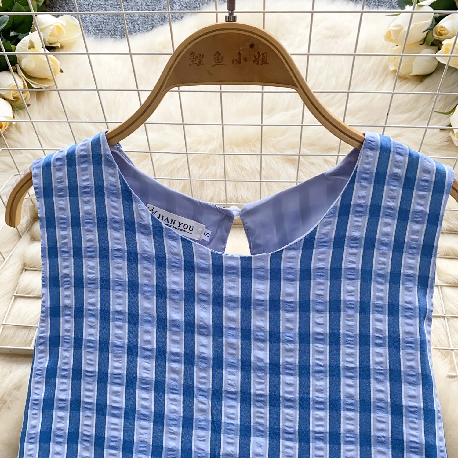 Korean Style Plaid Blue Slip Dress