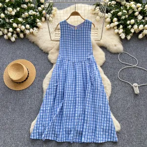 Korean Style Plaid Blue Slip Dress