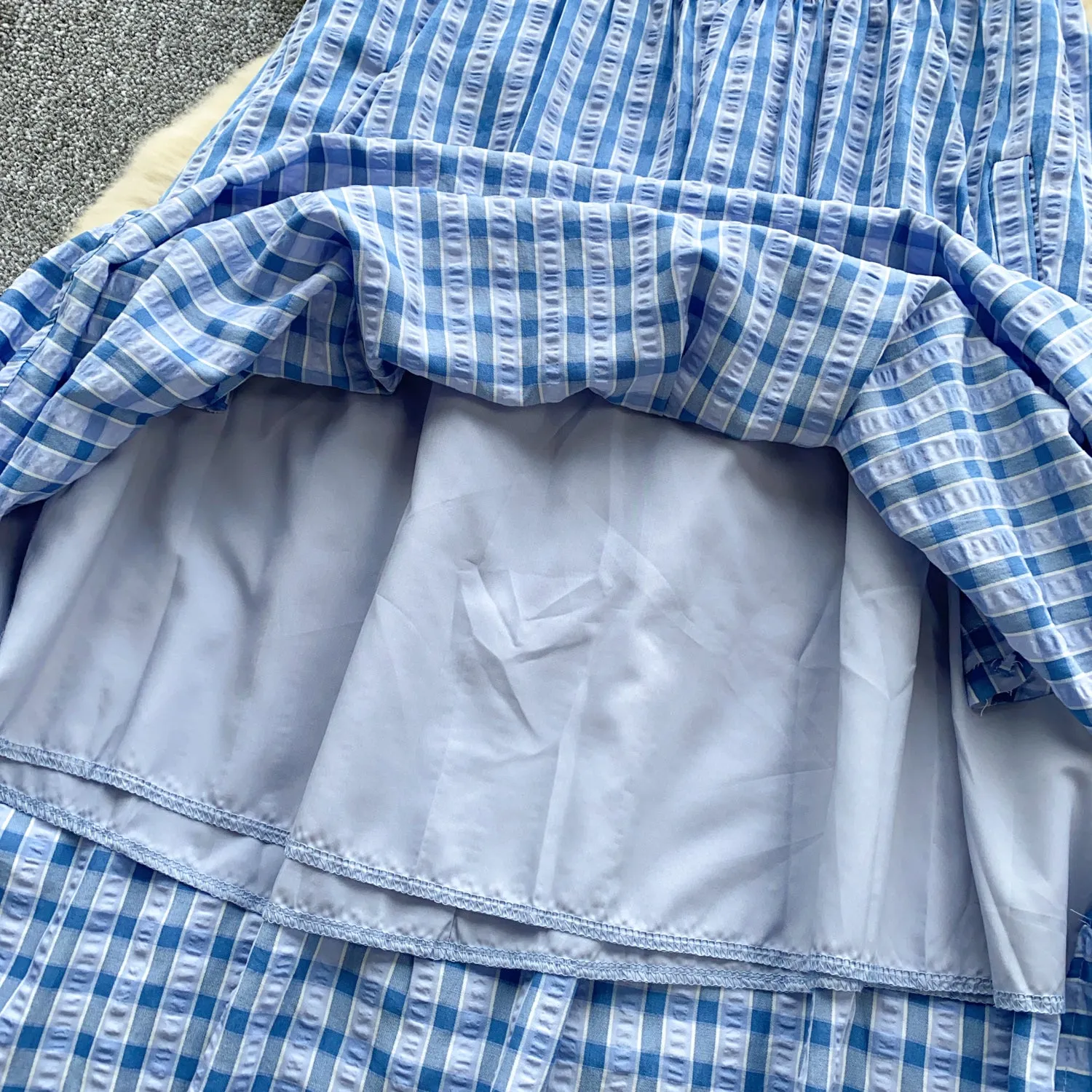 Korean Style Plaid Blue Slip Dress