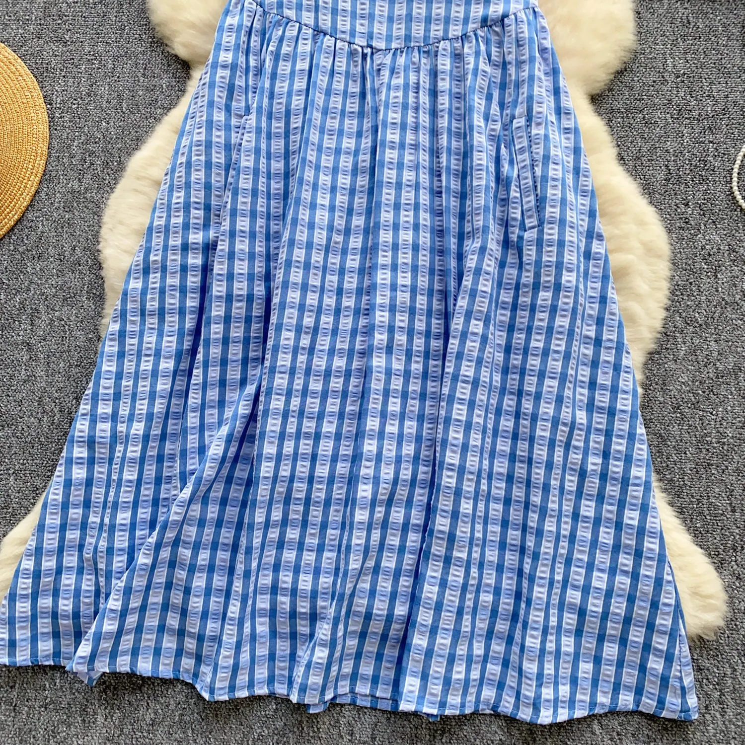 Korean Style Plaid Blue Slip Dress