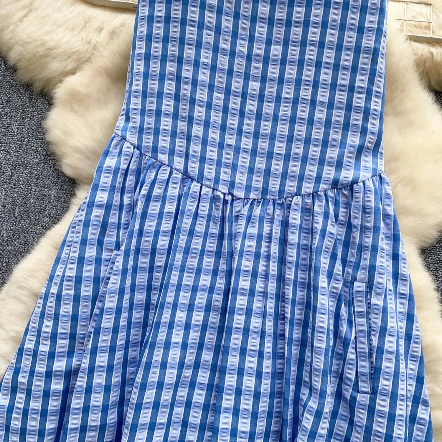 Korean Style Plaid Blue Slip Dress