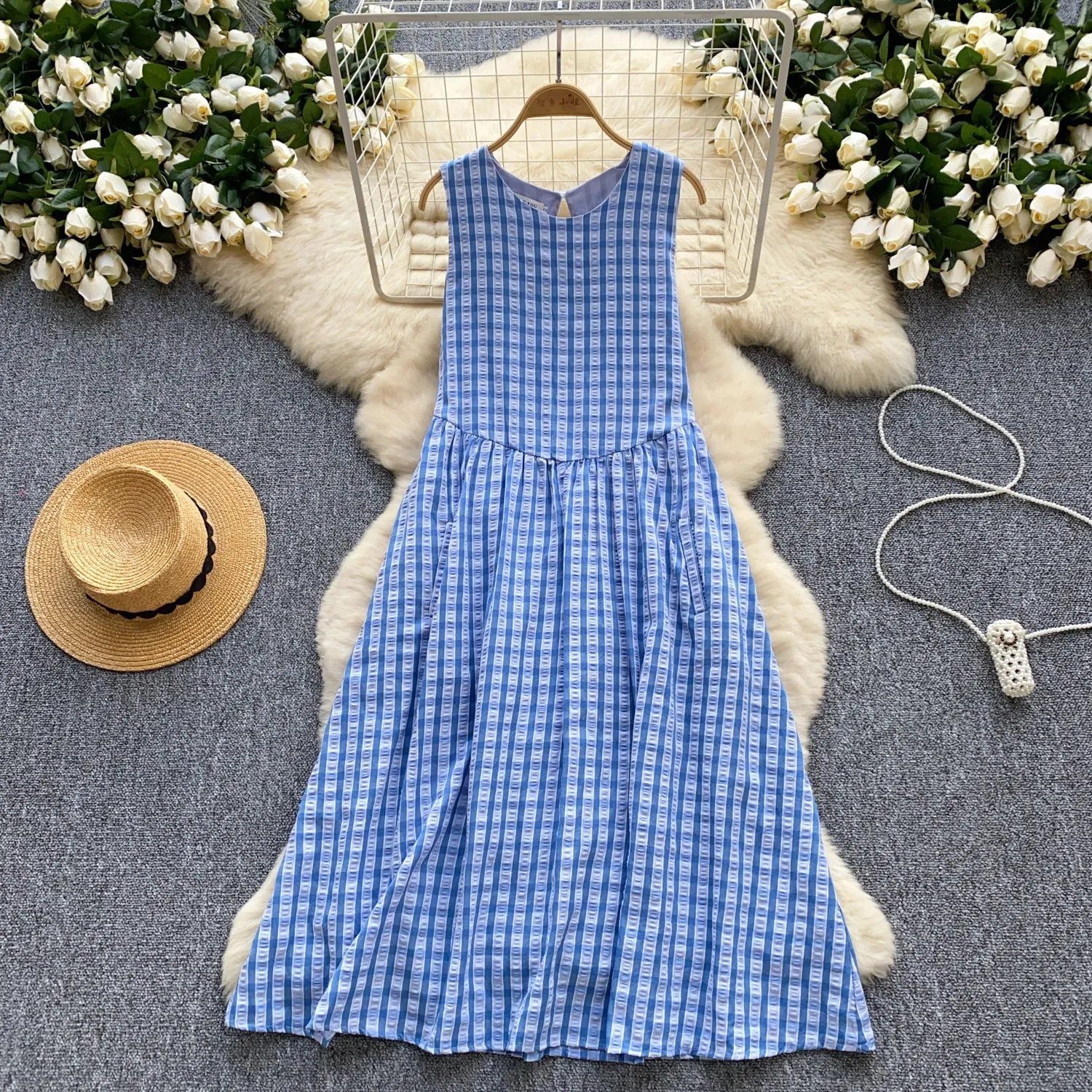 Korean Style Plaid Blue Slip Dress