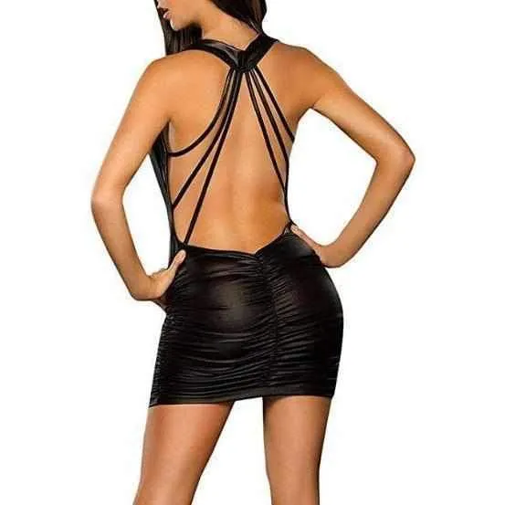 Ladies Wet Luxurious Black Faux Leather Backless Min Club Dress