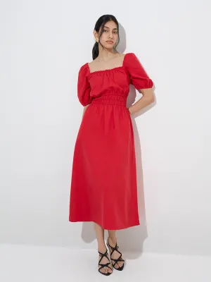 LOV Red Solid Linen-Blend A-Line Dress