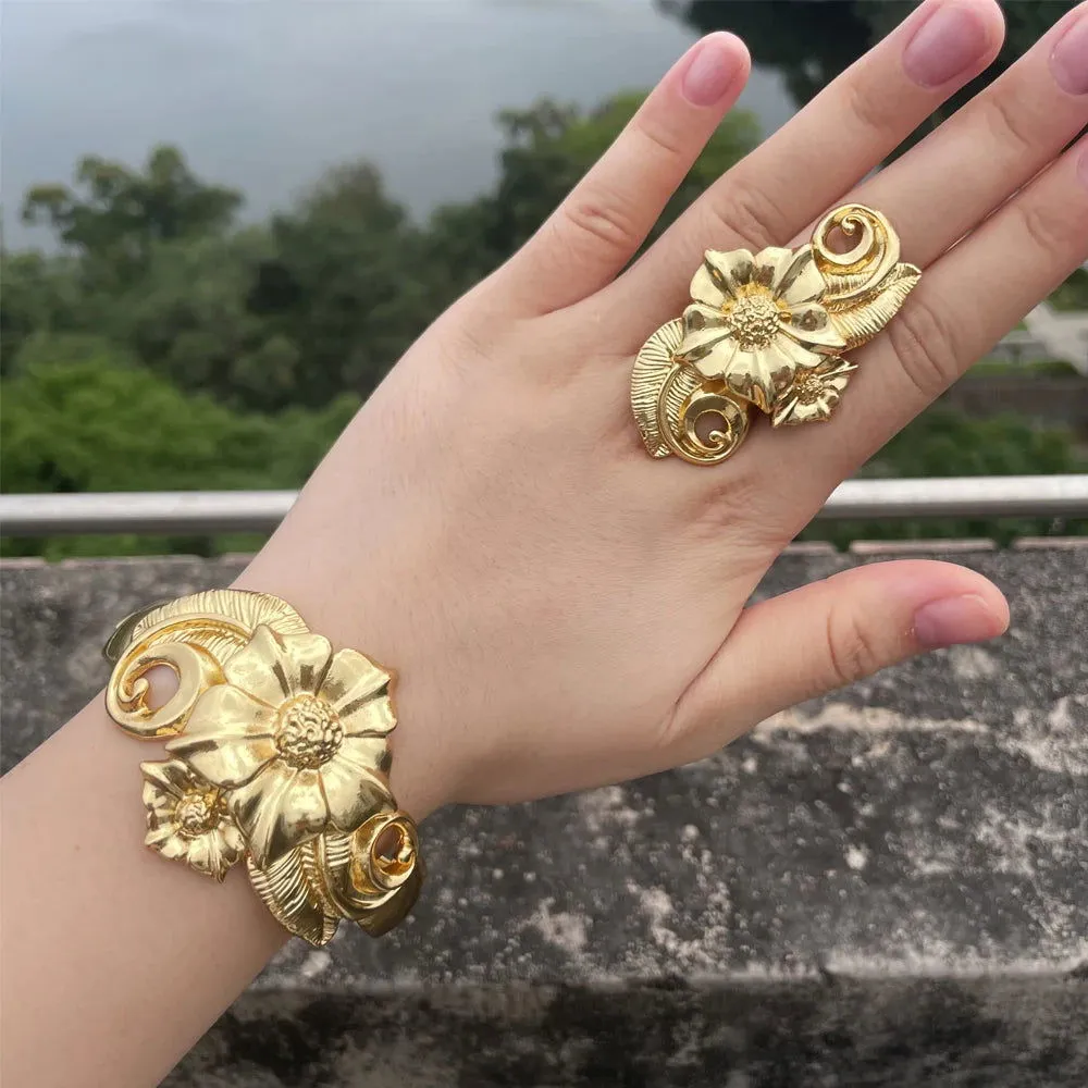 Luxury Dubai Gold Plated Bracelet Ring Copper Cuff Flower Bangle Italy France Women Adjustable Ring Exquisite Wedding Jewelry