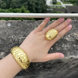 Luxury Dubai Gold Plated Bracelet Ring Copper Cuff Flower Bangle Italy France Women Adjustable Ring Exquisite Wedding Jewelry