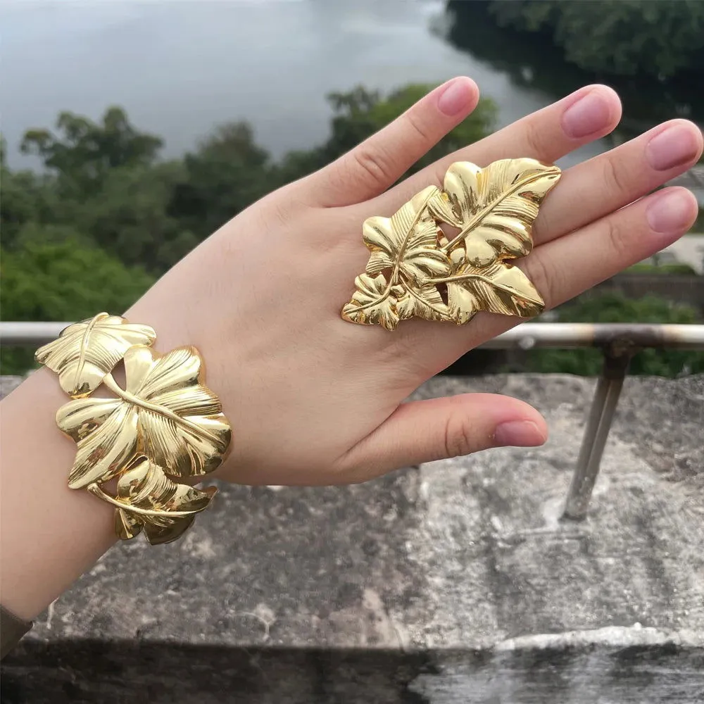 Luxury Dubai Gold Plated Bracelet Ring Copper Cuff Flower Bangle Italy France Women Adjustable Ring Exquisite Wedding Jewelry
