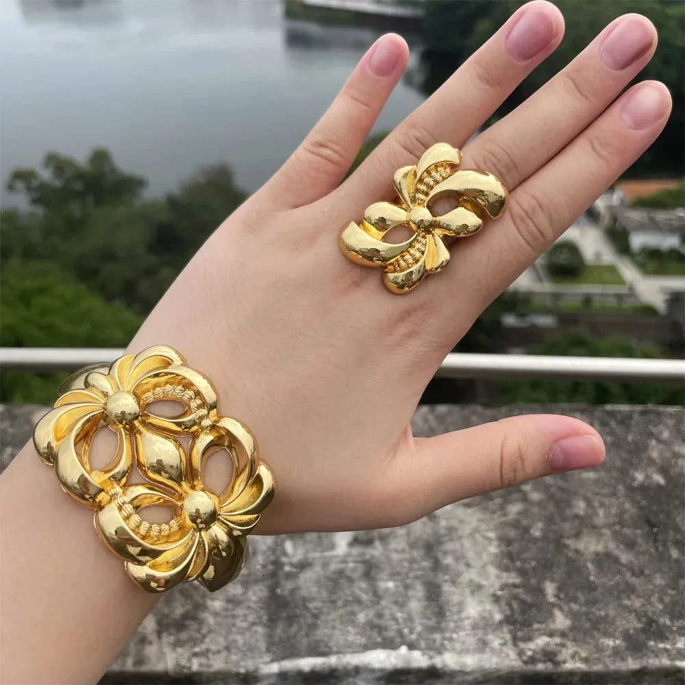 Luxury Dubai Gold Plated Bracelet Ring Copper Cuff Flower Bangle Italy France Women Adjustable Ring Exquisite Wedding Jewelry