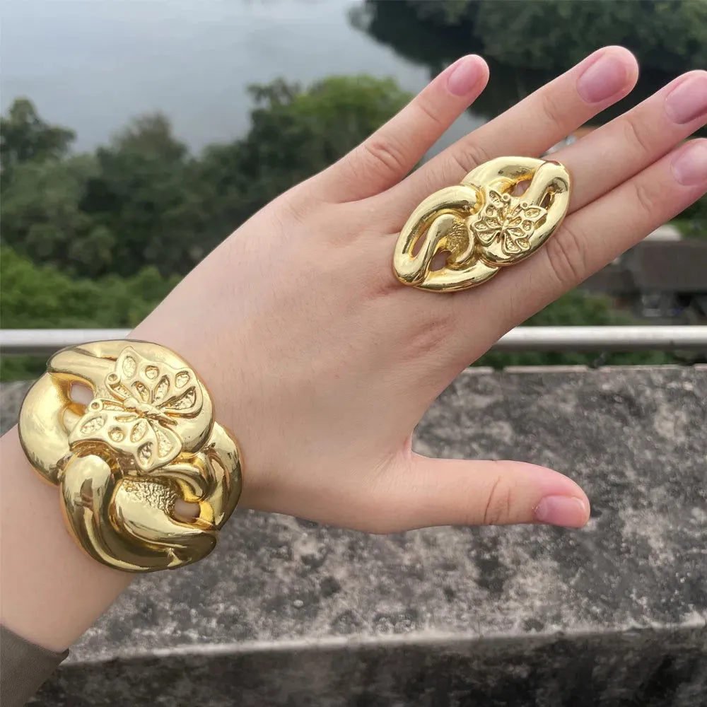 Luxury Dubai Gold Plated Bracelet Ring Copper Cuff Flower Bangle Italy France Women Adjustable Ring Exquisite Wedding Jewelry