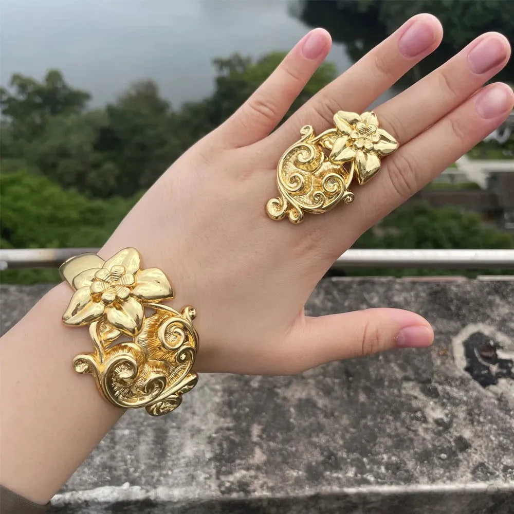 Luxury Dubai Gold Plated Bracelet Ring Copper Cuff Flower Bangle Italy France Women Adjustable Ring Exquisite Wedding Jewelry