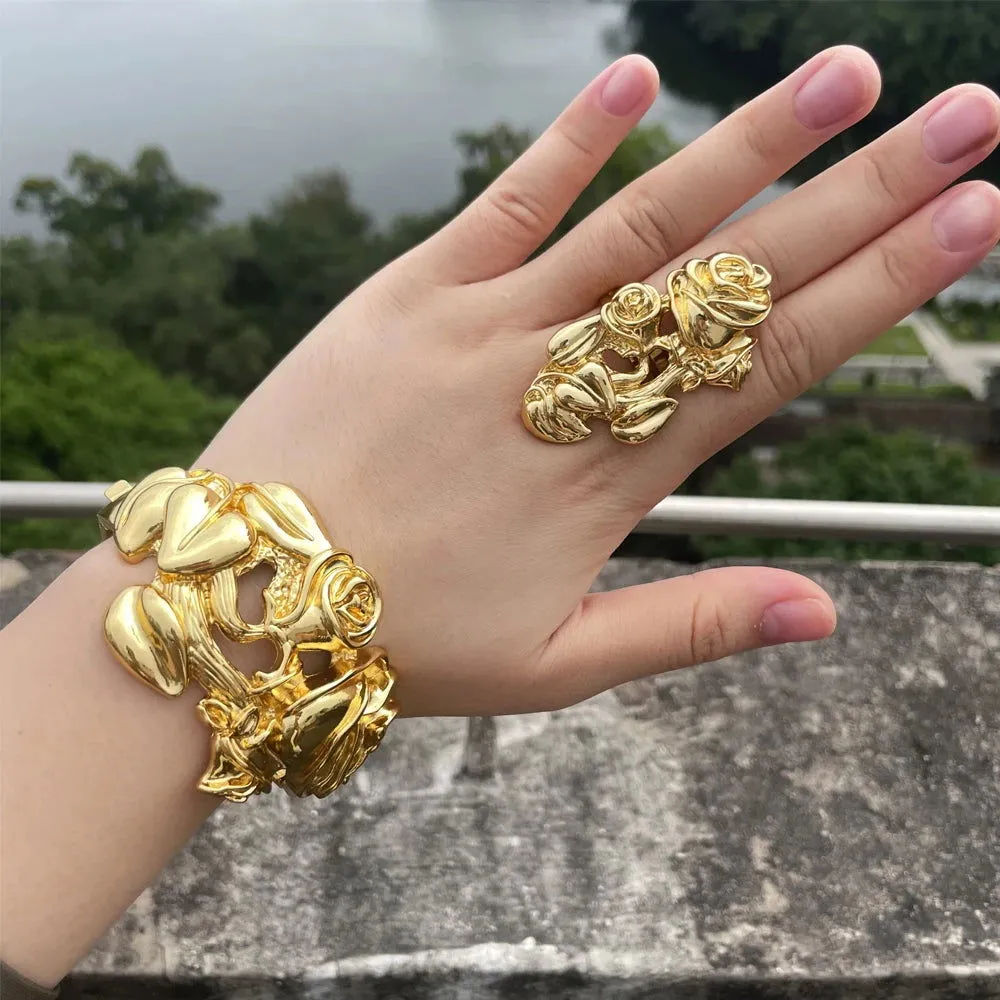 Luxury Dubai Gold Plated Bracelet Ring Copper Cuff Flower Bangle Italy France Women Adjustable Ring Exquisite Wedding Jewelry
