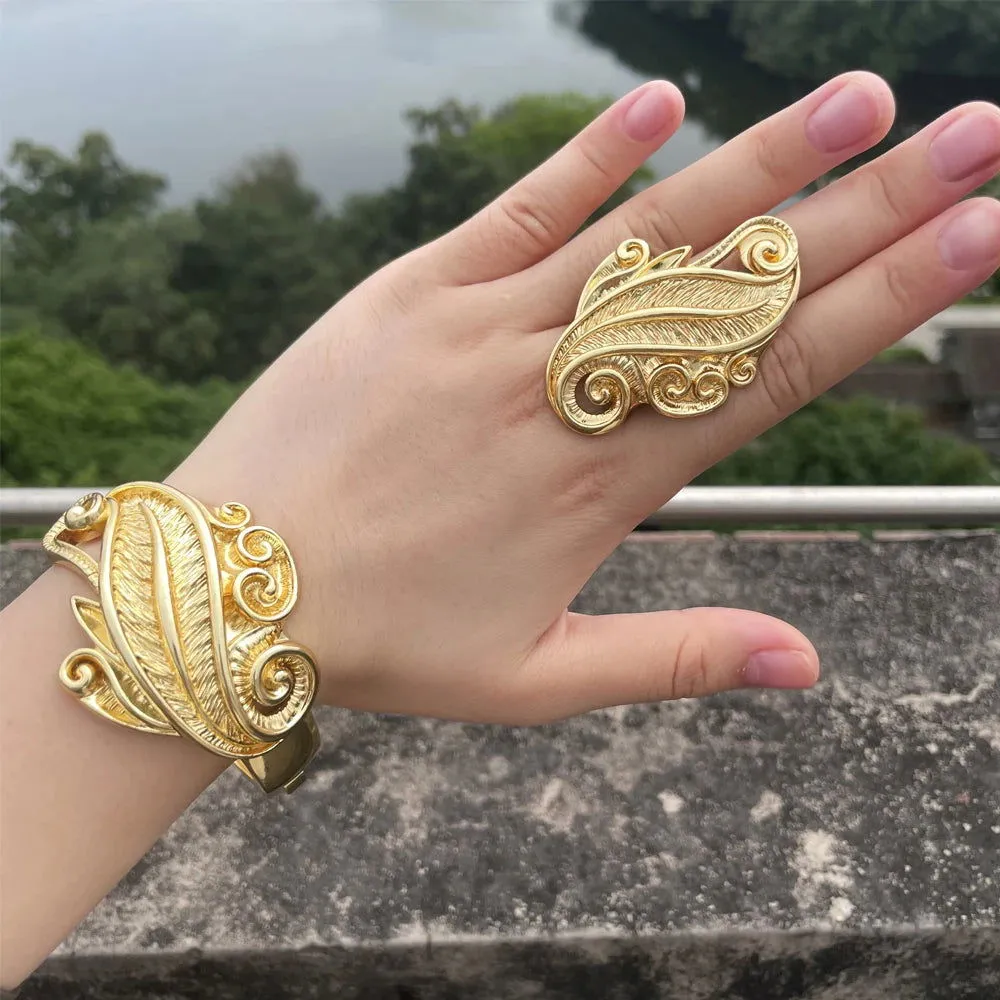 Luxury Dubai Gold Plated Bracelet Ring Copper Cuff Flower Bangle Italy France Women Adjustable Ring Exquisite Wedding Jewelry