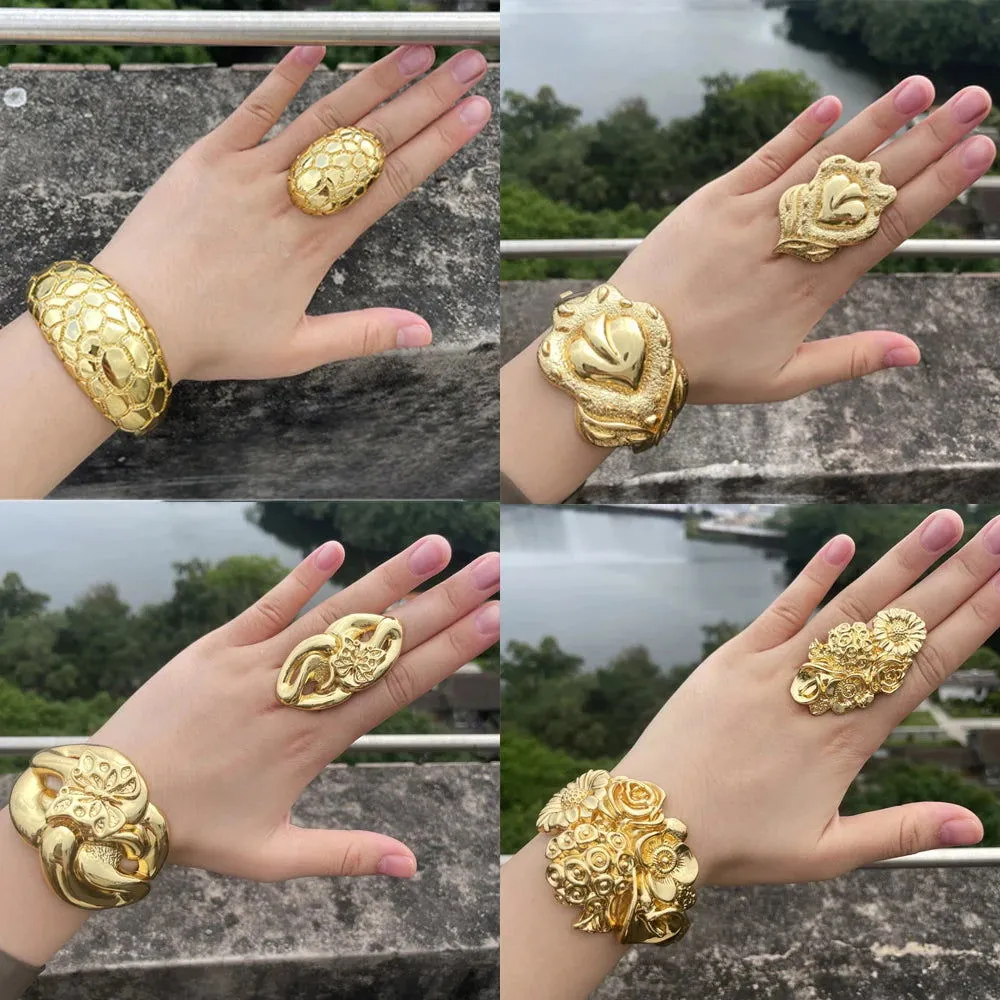 Luxury Dubai Gold Plated Bracelet Ring Copper Cuff Flower Bangle Italy France Women Adjustable Ring Exquisite Wedding Jewelry