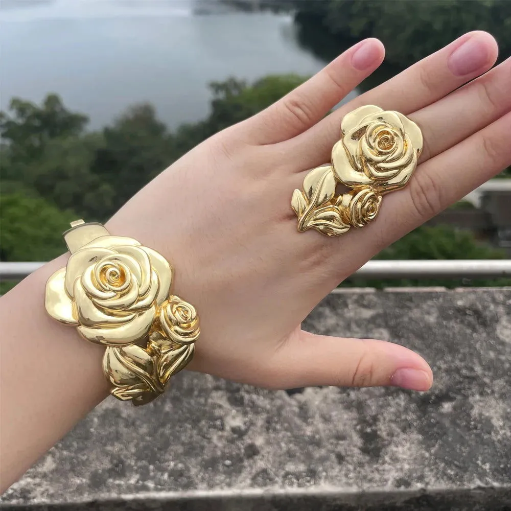 Luxury Dubai Gold Plated Bracelet Ring Copper Cuff Flower Bangle Italy France Women Adjustable Ring Exquisite Wedding Jewelry