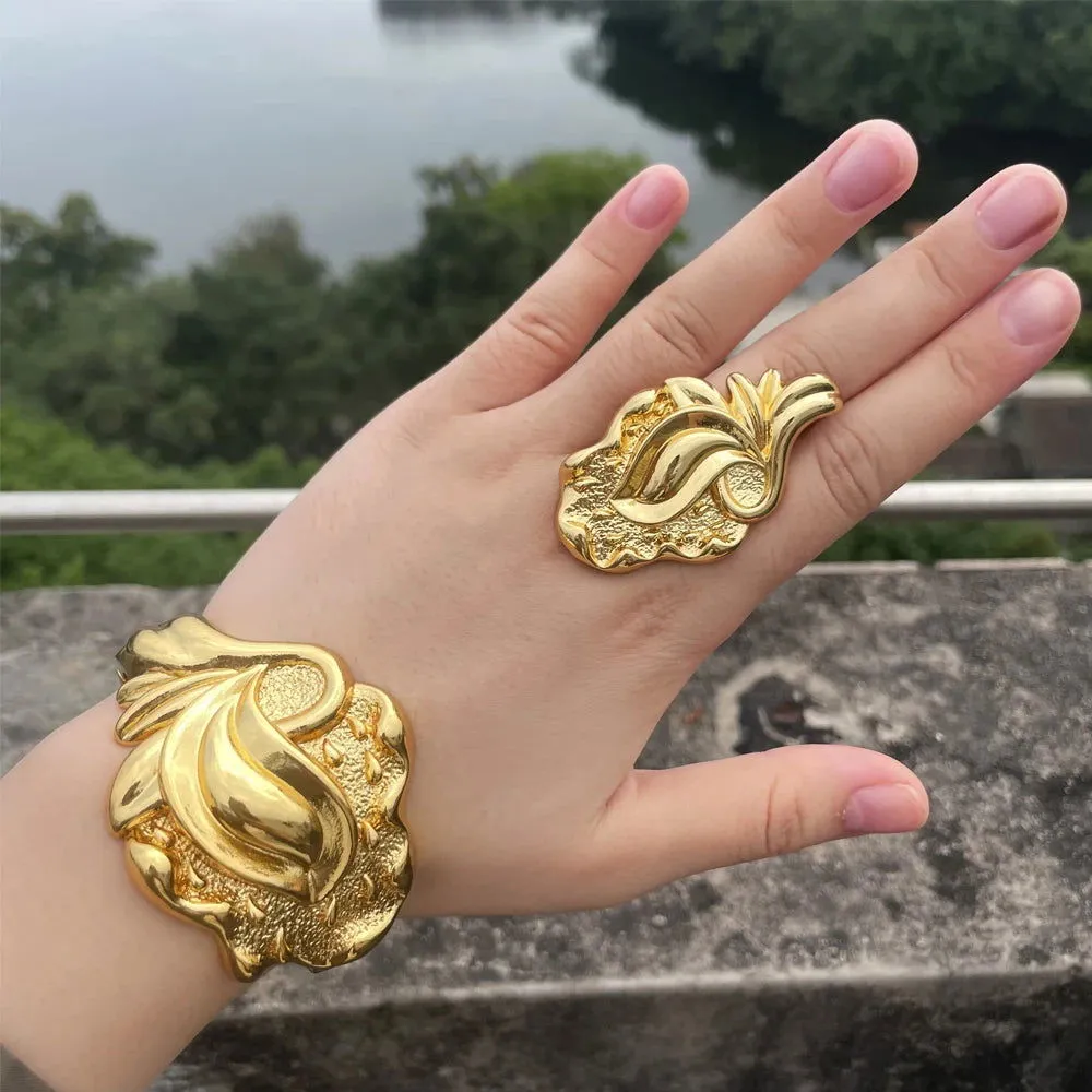 Luxury Dubai Gold Plated Bracelet Ring Copper Cuff Flower Bangle Italy France Women Adjustable Ring Exquisite Wedding Jewelry