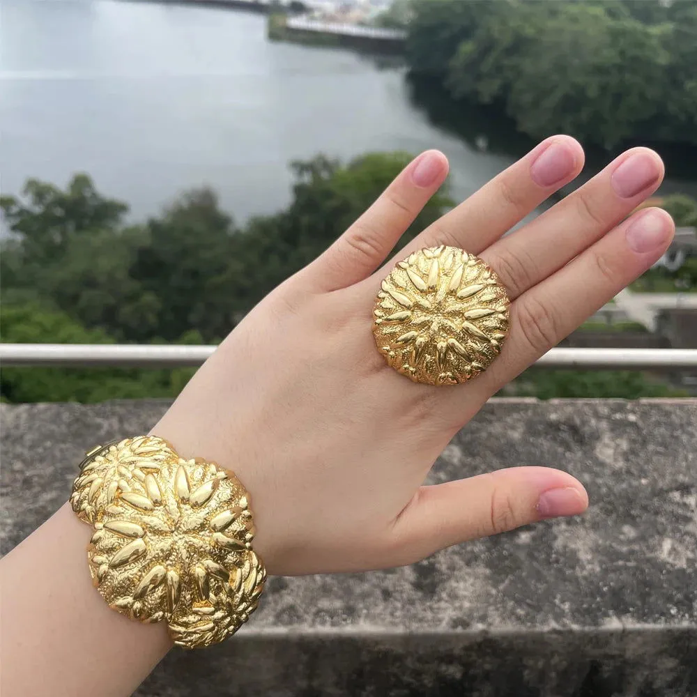 Luxury Dubai Gold Plated Bracelet Ring Copper Cuff Flower Bangle Italy France Women Adjustable Ring Exquisite Wedding Jewelry