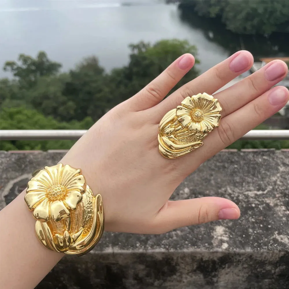 Luxury Dubai Gold Plated Bracelet Ring Copper Cuff Flower Bangle Italy France Women Adjustable Ring Exquisite Wedding Jewelry