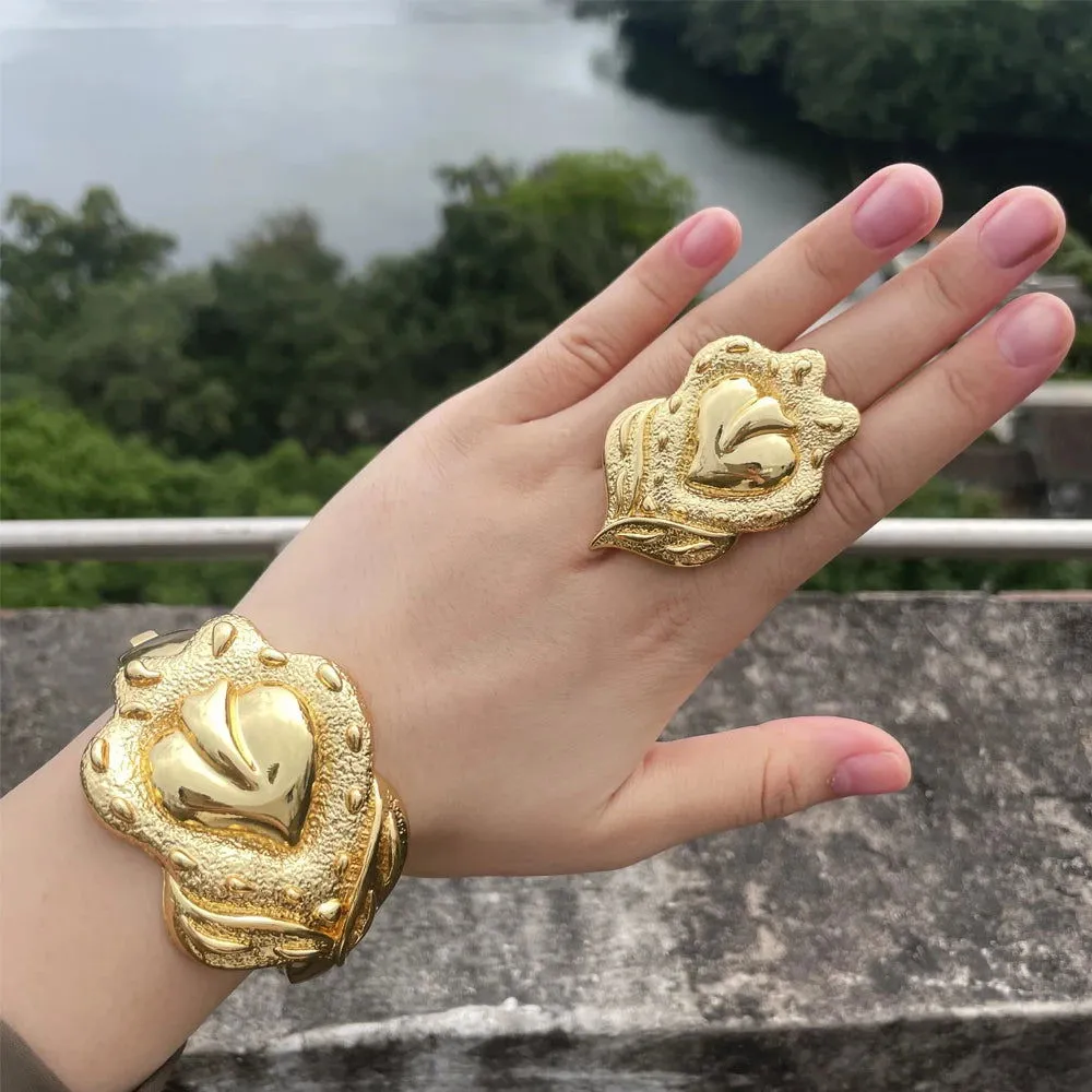 Luxury Dubai Gold Plated Bracelet Ring Copper Cuff Flower Bangle Italy France Women Adjustable Ring Exquisite Wedding Jewelry