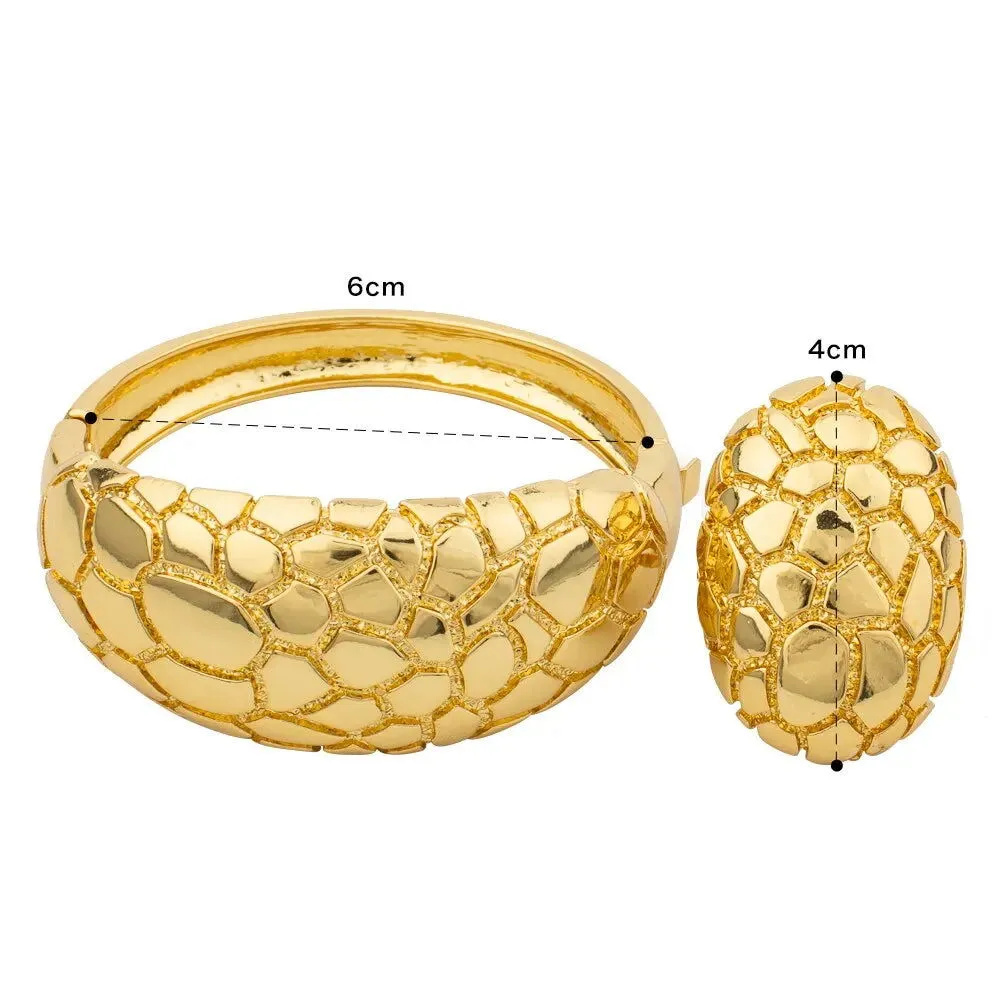 Luxury Dubai Gold Plated Bracelet Ring Copper Cuff Flower Bangle Italy France Women Adjustable Ring Exquisite Wedding Jewelry