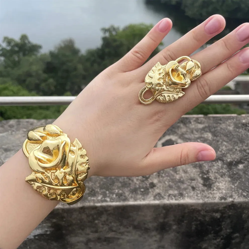 Luxury Dubai Gold Plated Bracelet Ring Copper Cuff Flower Bangle Italy France Women Adjustable Ring Exquisite Wedding Jewelry