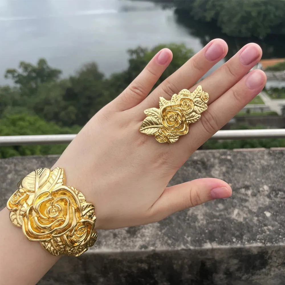 Luxury Dubai Gold Plated Bracelet Ring Copper Cuff Flower Bangle Italy France Women Adjustable Ring Exquisite Wedding Jewelry