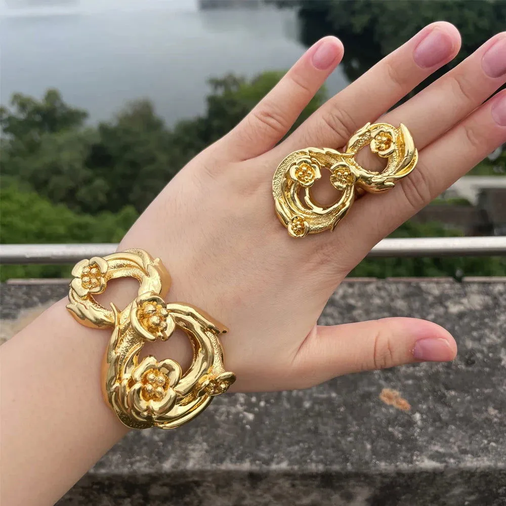 Luxury Dubai Gold Plated Bracelet Ring Copper Cuff Flower Bangle Italy France Women Adjustable Ring Exquisite Wedding Jewelry