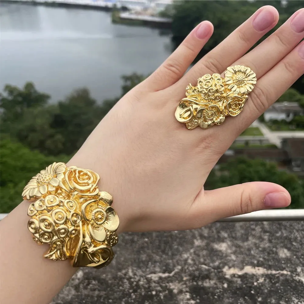 Luxury Dubai Gold Plated Bracelet Ring Copper Cuff Flower Bangle Italy France Women Adjustable Ring Exquisite Wedding Jewelry