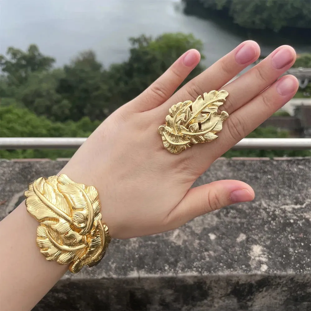 Luxury Dubai Gold Plated Bracelet Ring Copper Cuff Flower Bangle Italy France Women Adjustable Ring Exquisite Wedding Jewelry