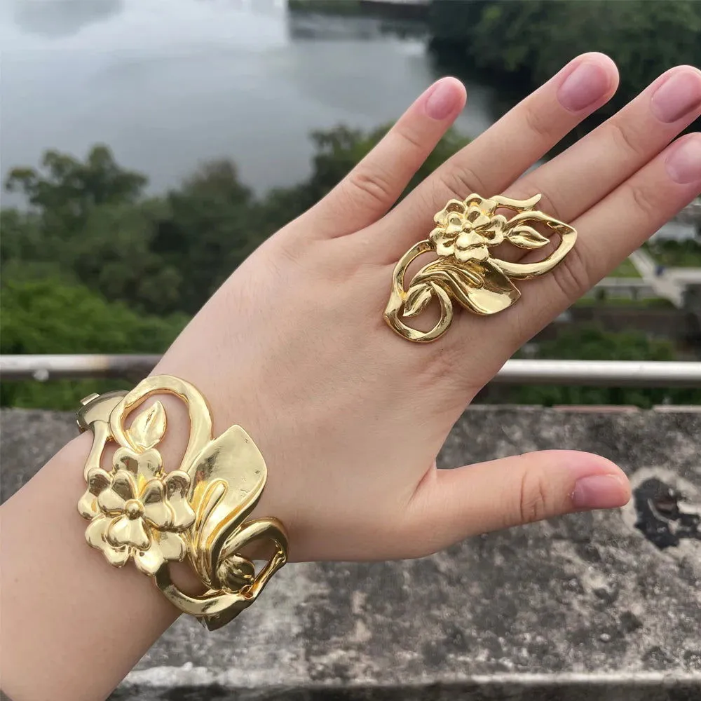 Luxury Dubai Gold Plated Bracelet Ring Copper Cuff Flower Bangle Italy France Women Adjustable Ring Exquisite Wedding Jewelry