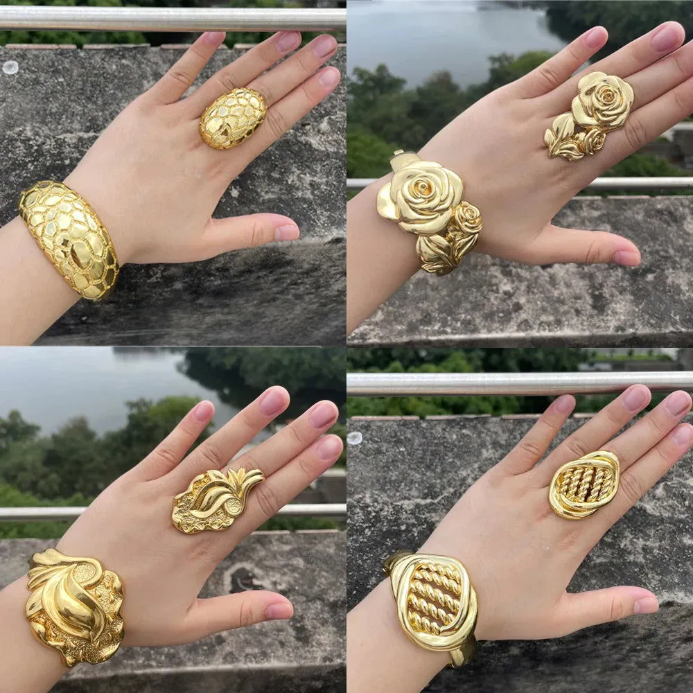 Luxury Dubai Gold Plated Bracelet Ring Copper Cuff Flower Bangle Italy France Women Adjustable Ring Exquisite Wedding Jewelry