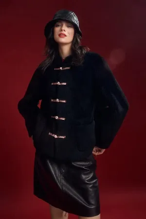 Mandarin Inspired Genuine Shearling & Faux Suede Jacket