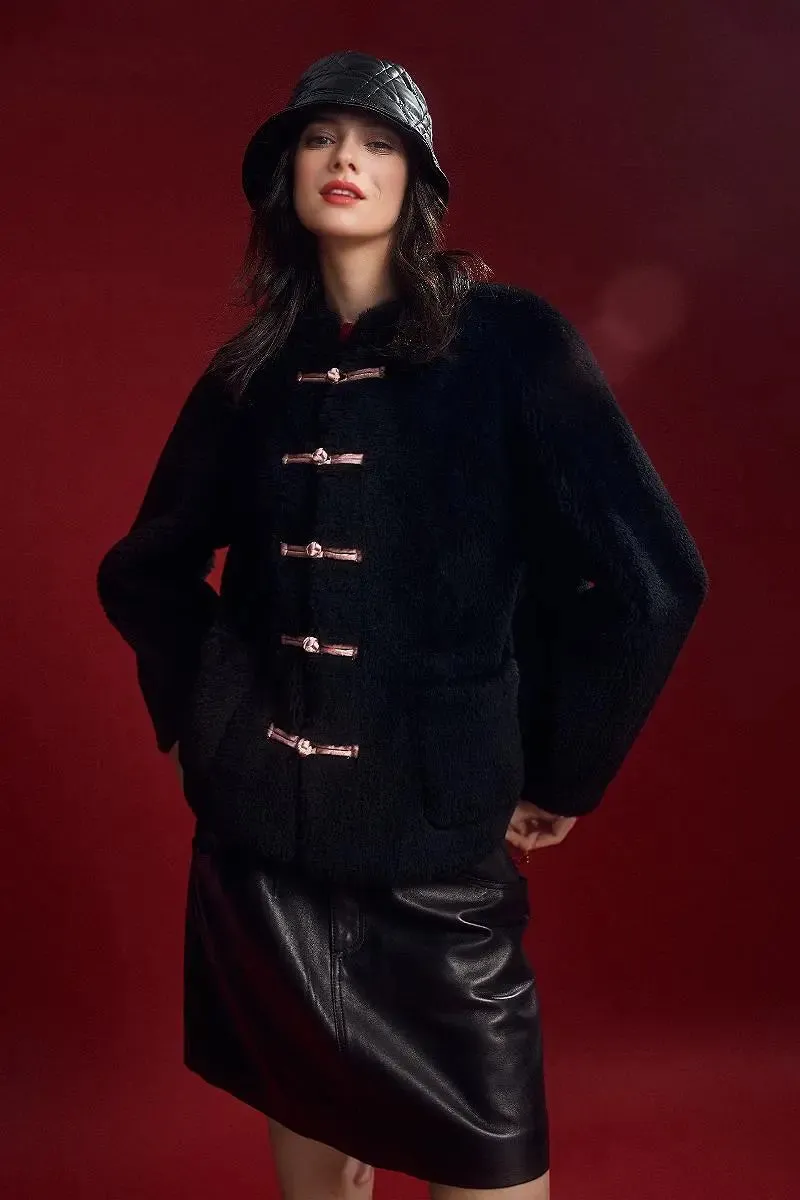 Mandarin Inspired Genuine Shearling & Faux Suede Jacket